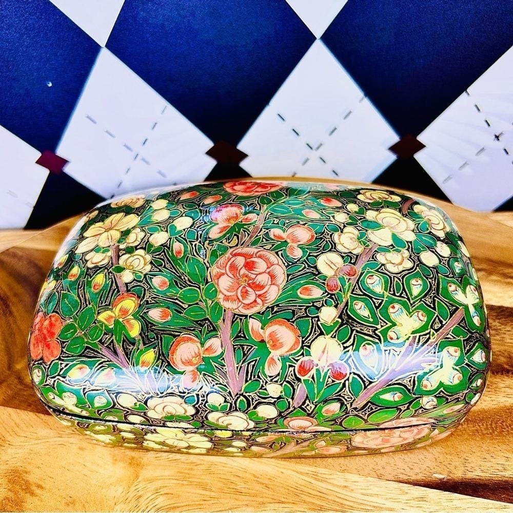 Boho Lacquer Lidded Box Handpainted Kashmiri: Florals Gold, Red Green India 7"